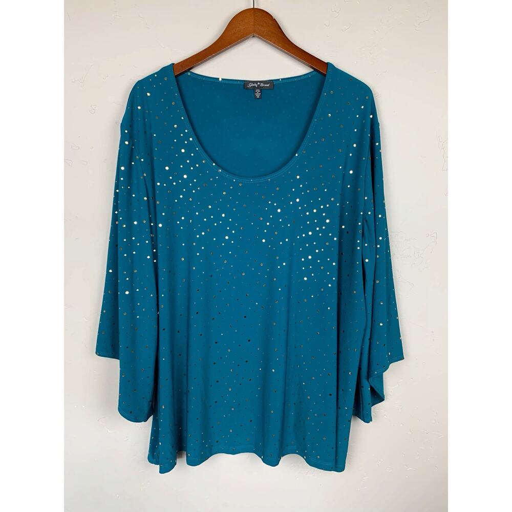Slinky Brand Blouse Tunic Top Teal Blue Gold Dots Stretchy Knit Women's 3X